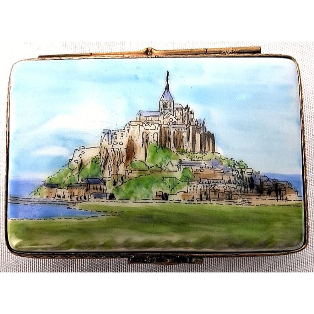 Vtg Limoges France Peint Main Trinket Box Mont St Michel Postcard Pompadour